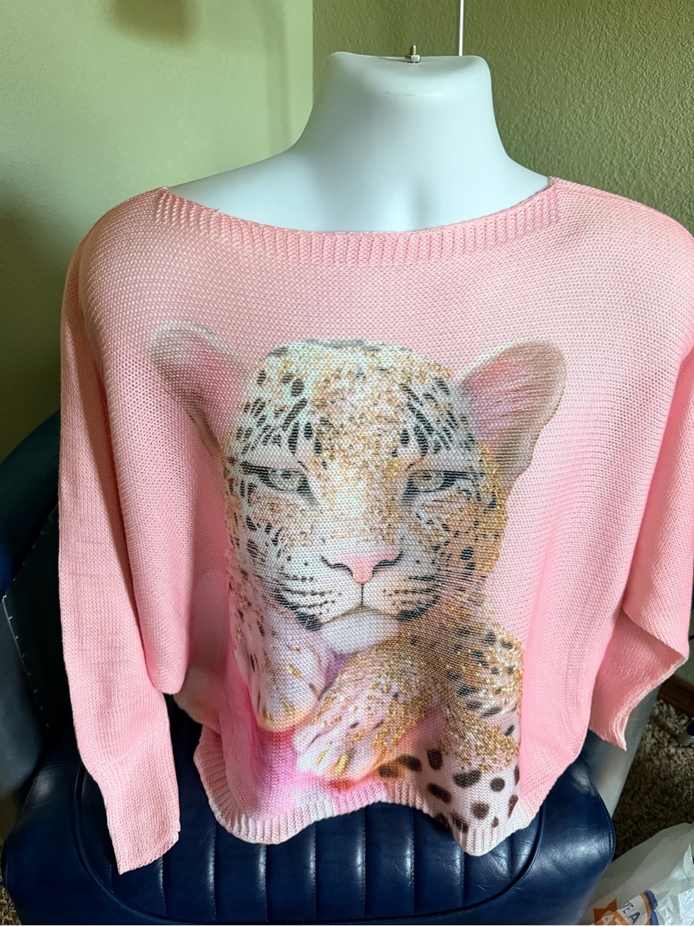 Off-the-Shoulder Pink Leopard Graphic Knit Sweater